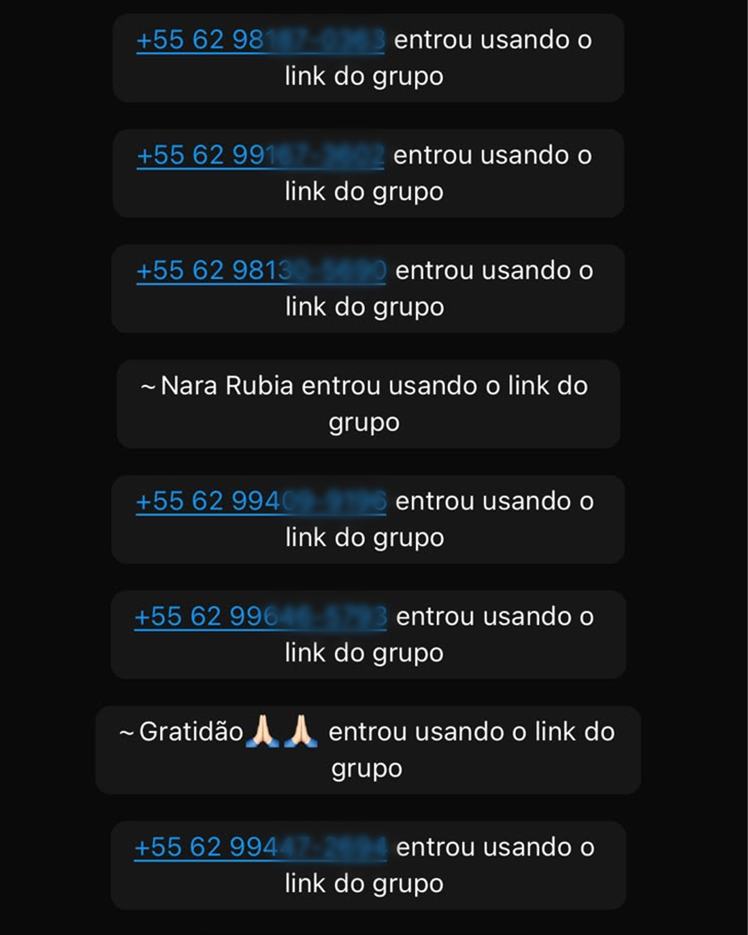 Print de novos membros entrando no grupo de ofertas no WhatsApp