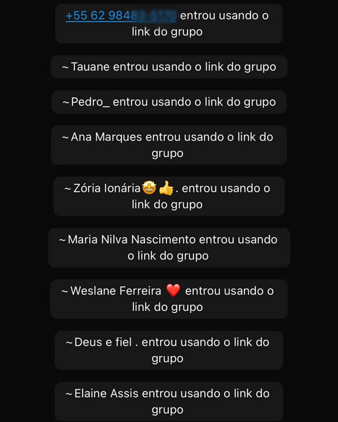 Print de novos membros entrando no grupo de ofertas no WhatsApp